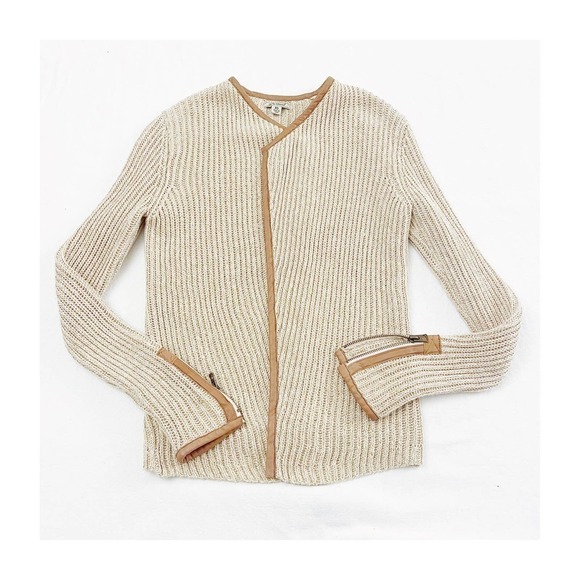 Lucky Brand Cardigan Leather Piping Detail Beige Brn SZ XS - Picture 1 of 10